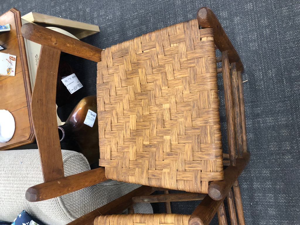 2 LOW BACK WOOD BAR STOOLS W/ WOVEN SEATS RUSTIC.