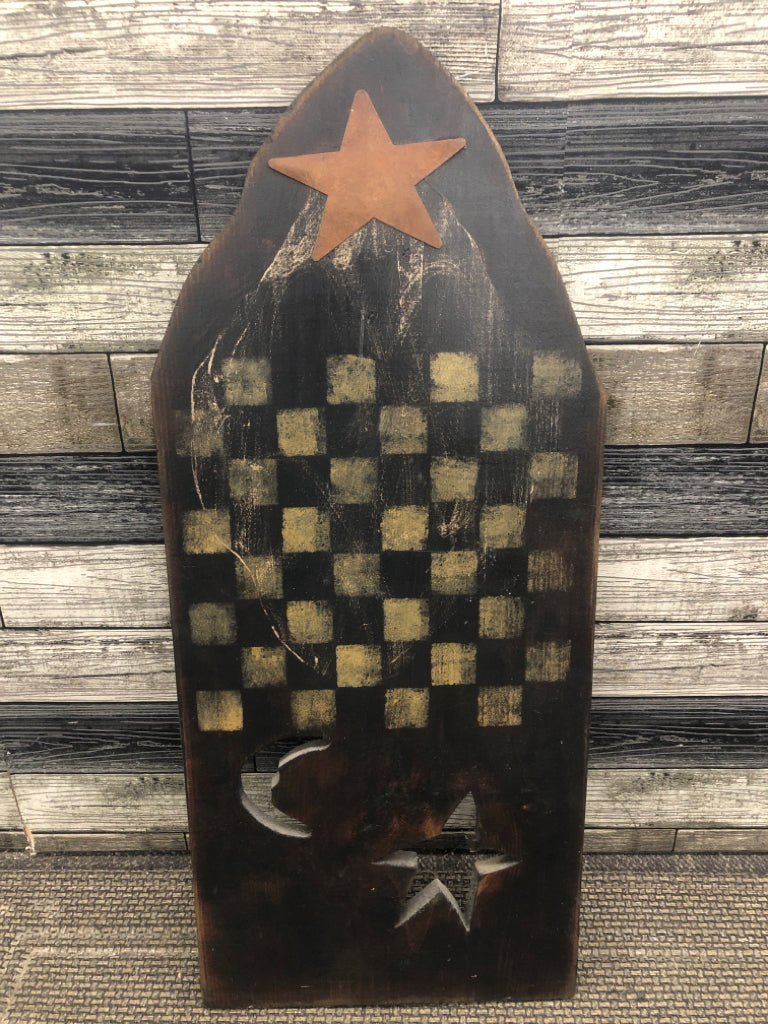 PRIMITIVE CHECKER BOARD HANGING W/CELESTIAL CUT-OUTS.
