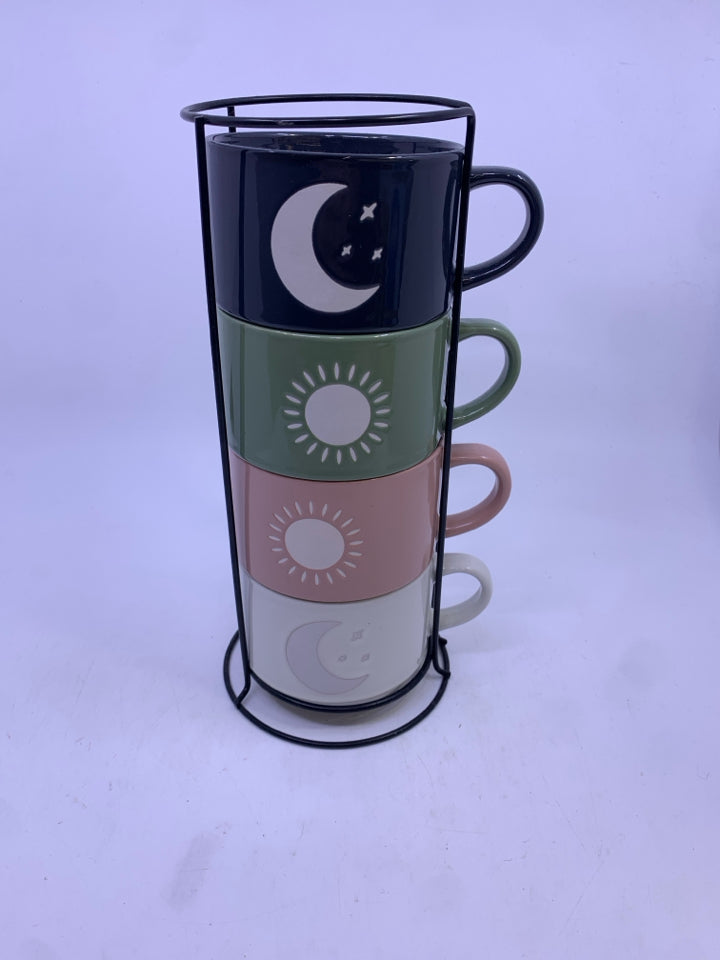 4PC SUN AND MOON MUG SET IN BLACK STAND.