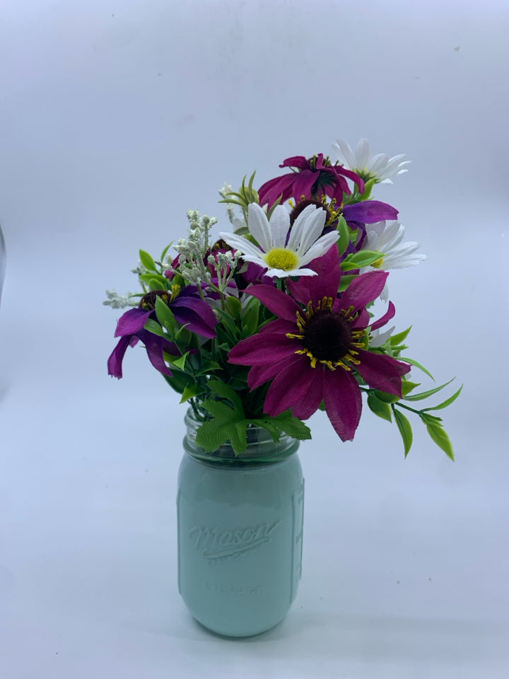 FAUX PURPLE FLOWERS IN MASON JAR VASE.