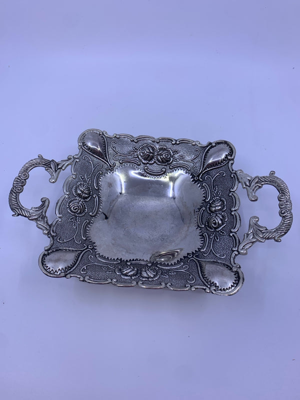 VINTAGE SILVER PLATED ROSE EMBOSSED CANDY DISH WITH HANDLES.