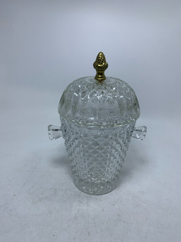 HEAVY TEXTURED GLASS ICE BUCKET W/ DOME COVER METAL HANDLE.