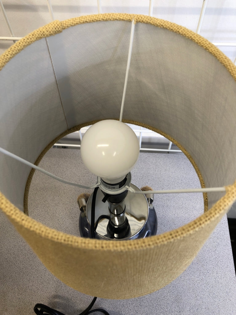 BLUE GLASS LAMP W/ROPE & BURLAP STYLE SHADE.