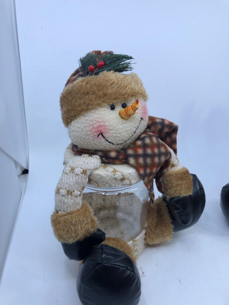 2 PC PLUSH SNOWMAN SITTING CANISTERS W/ PLAID SCARF+HAT.