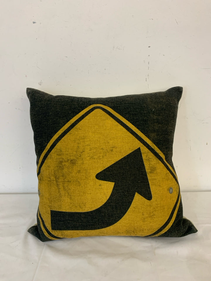 YELLOW TURN SIGN PILLOW.