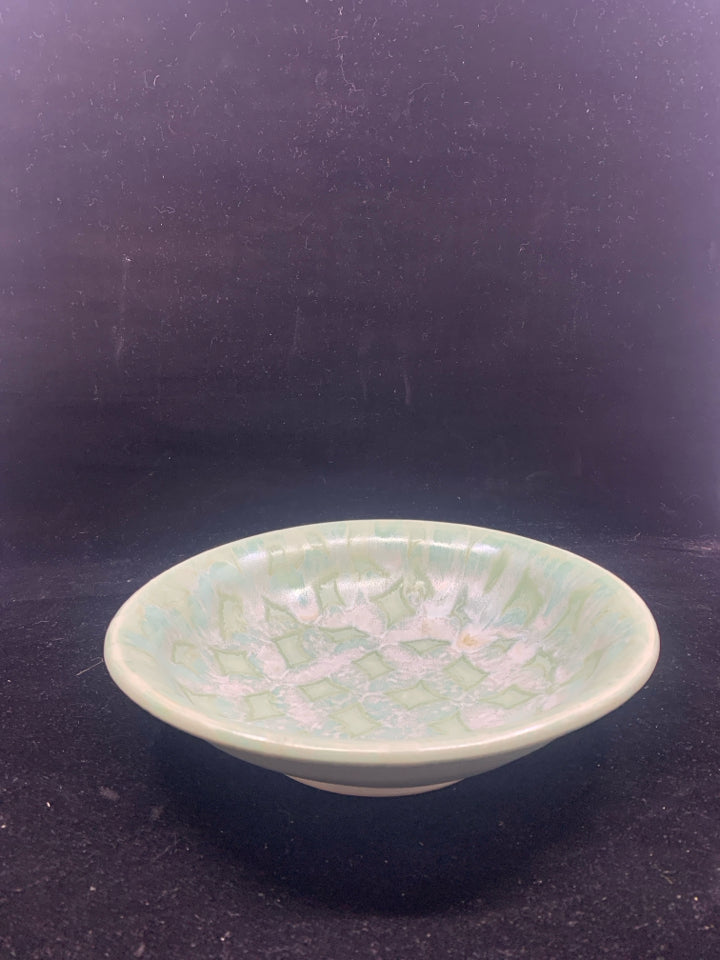 LF STAMPED MINT GREEN POTTERY BOWL W/ DESIGNS.