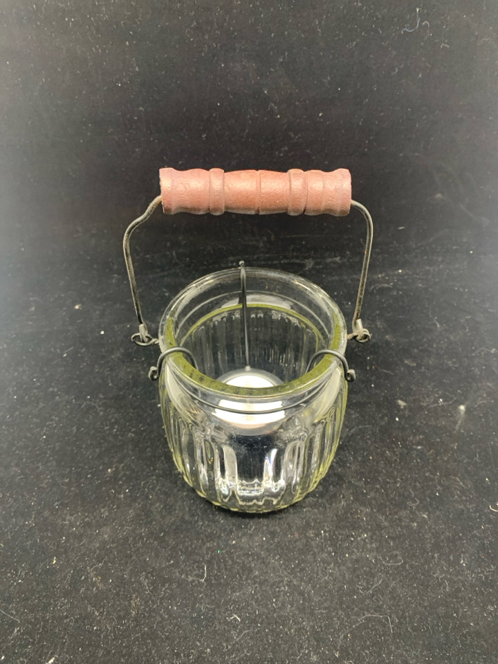 GLASS JAR W BLACK TEA LIGHT HOLDER ACCENT AND HANDLE.