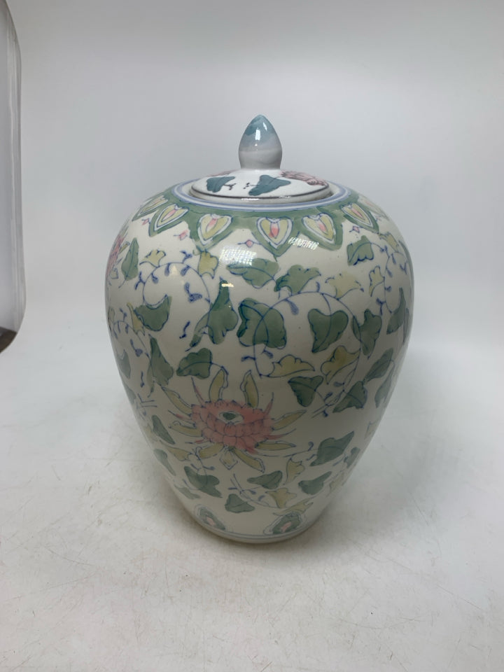 LARGE CERAMIC GINGER JAR W/ PINK FLOWERS GREEN LEAVES.