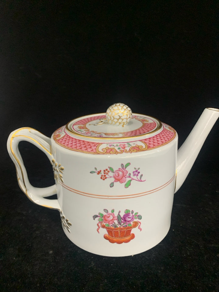 SPODE COPELAND GREY BLUE W PINK ACCENTS TEAPOT.