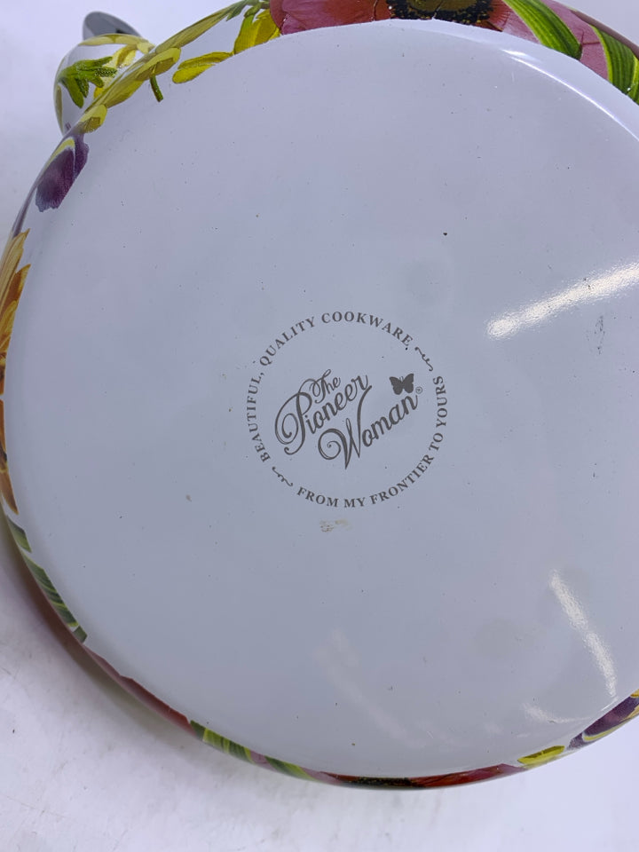 METAL FLORAL TEA KETTLE W/TALL CURVED HANDLE.