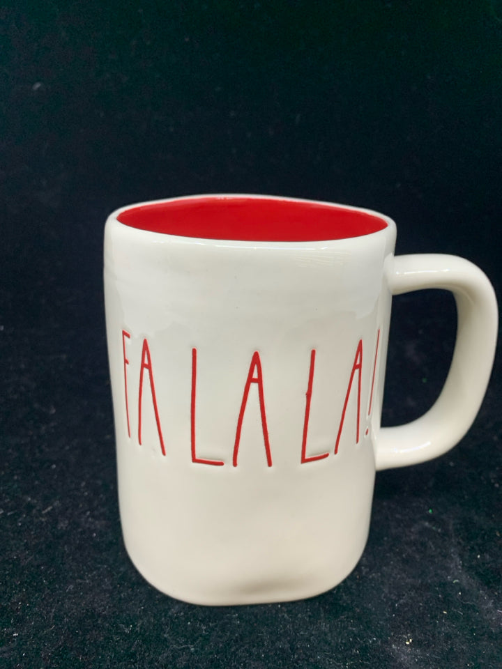 WHITE W/ FA LA LA! COFFEE MUG-RAE DUNN-5"