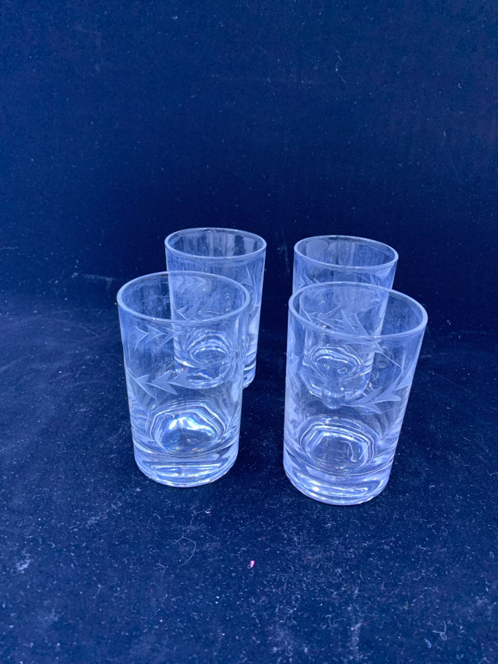 4 ETCHED JUICE GLASSES.