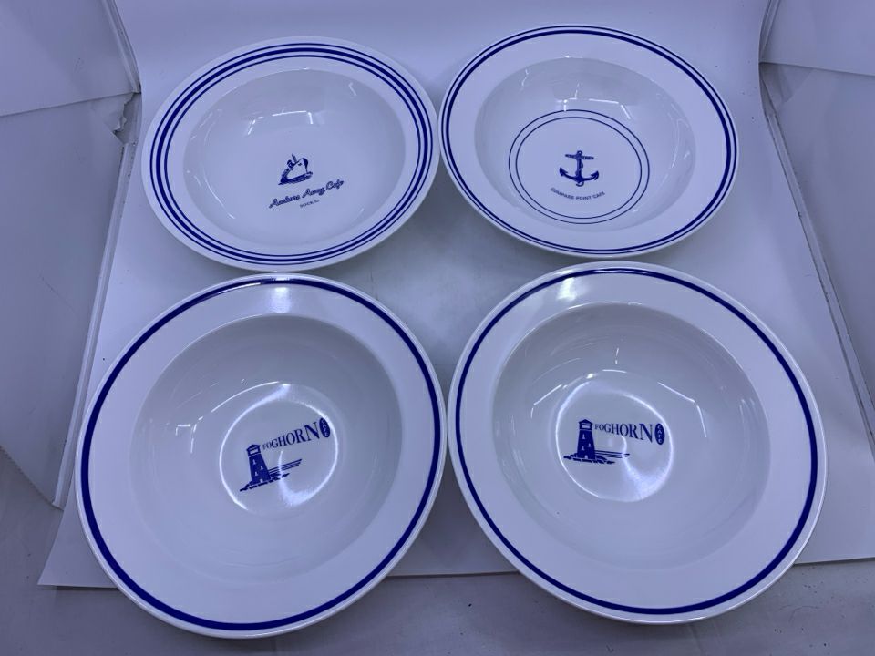 4 BLUE/ WHITE RESORT PASTA BOWLS.