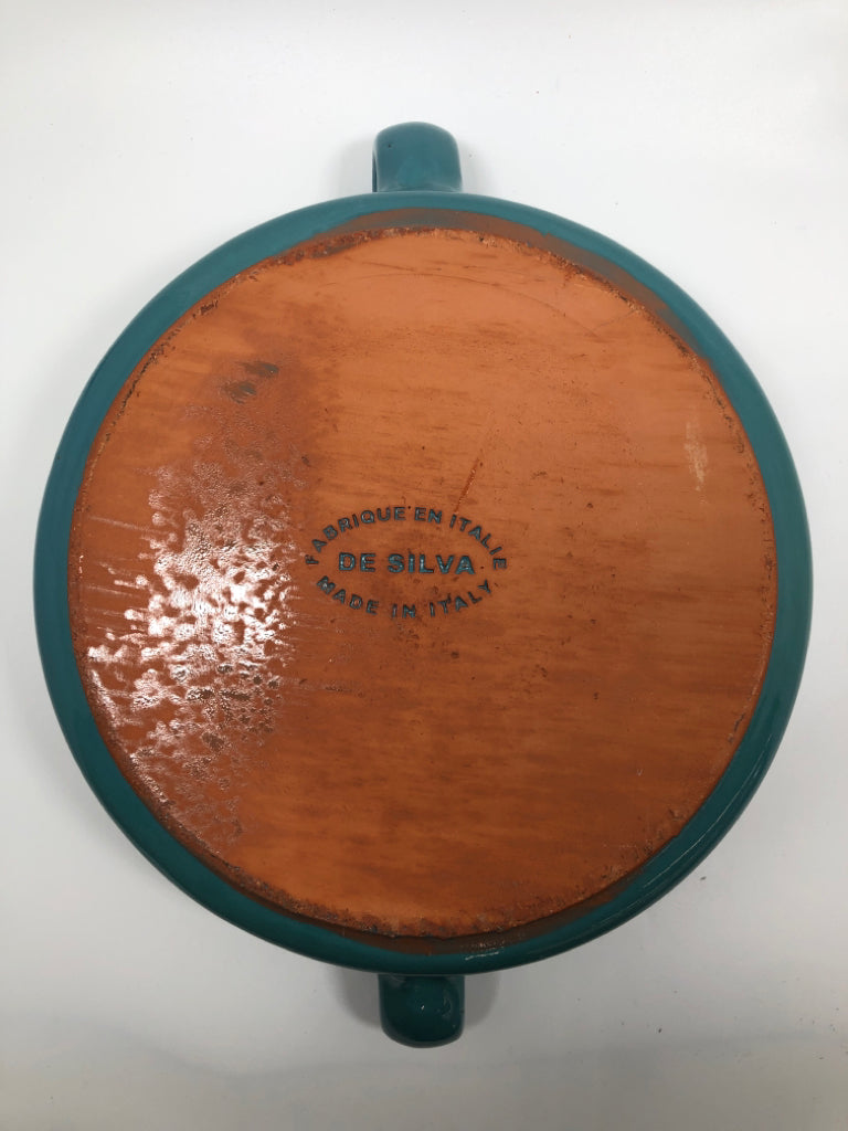 DE SILVA BLUE GLAZED TERRA COTTA COVERED CASSEROLE DISH.