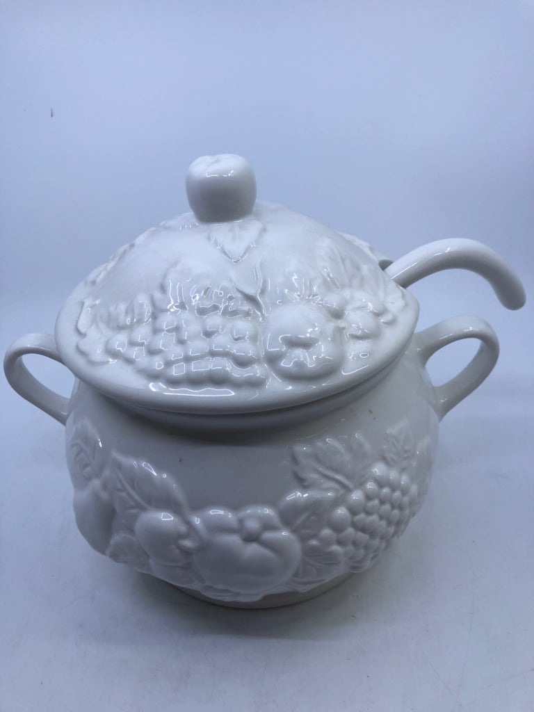 EMBOSSED FRUIT SOUP TUREEN + LADLE.