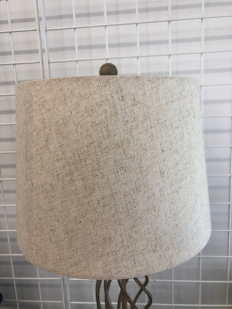 DISTRESSED METAL SWIRL LAMP W/BARREL SHADE.