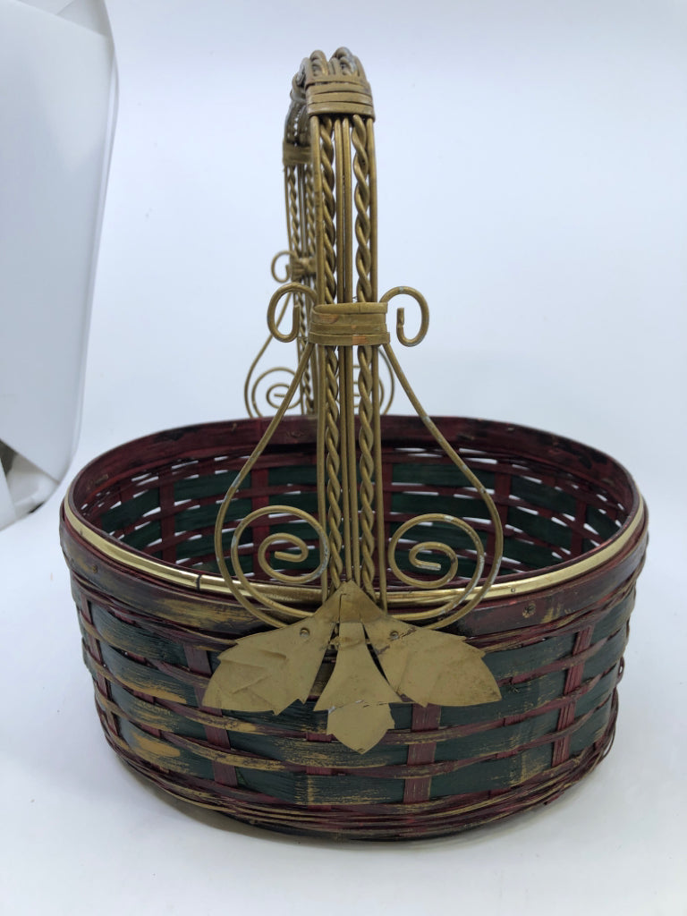 MAROON/GREEN BASKET WITH GOLD METAL HANDLE & LEAF.