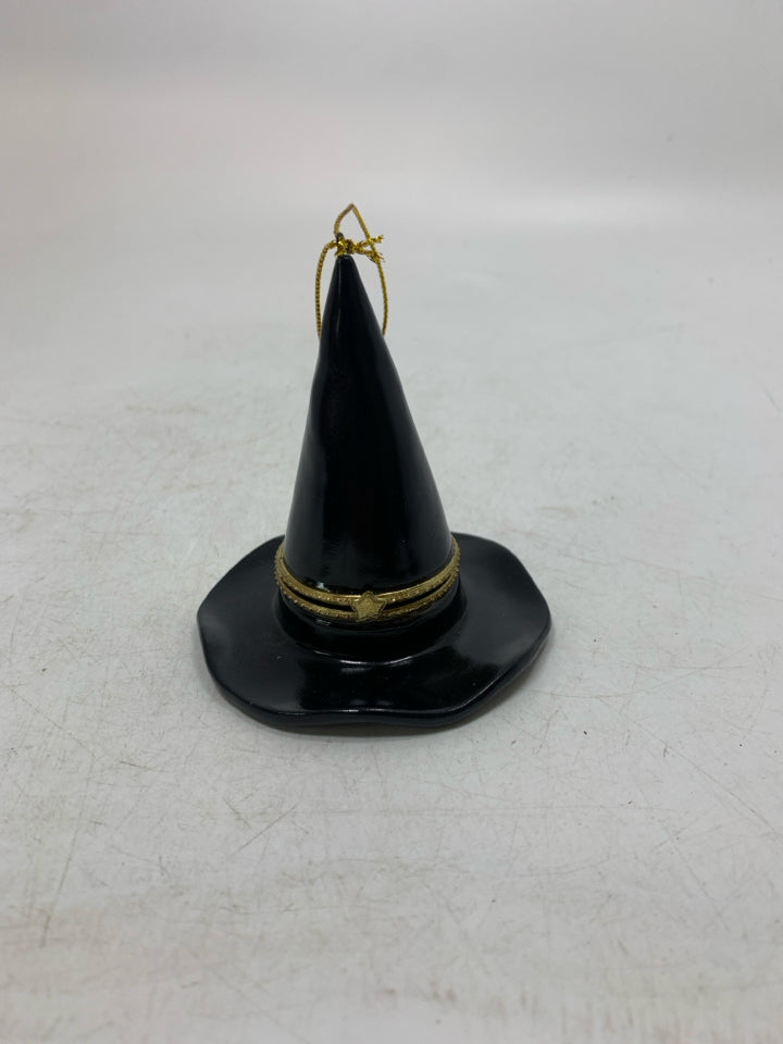 BLACK WITCH HAT CERAMIC TRINKET BOX ORNAMENT.