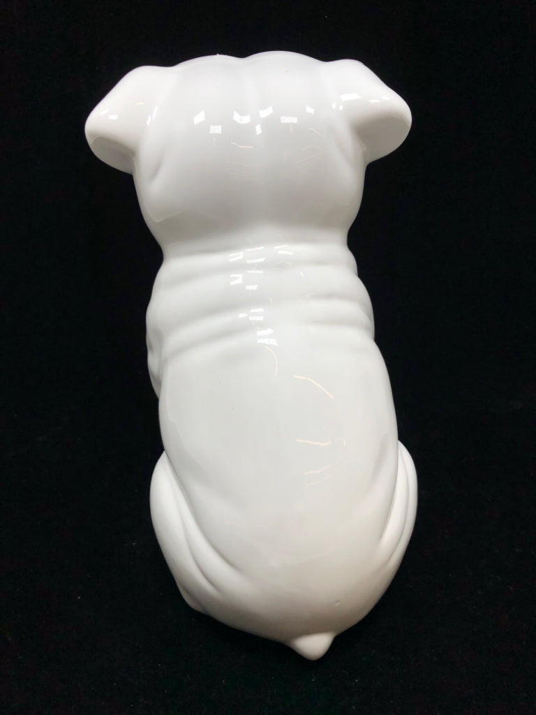 WHITE CERAMIC BULLDOG FIGURINE.