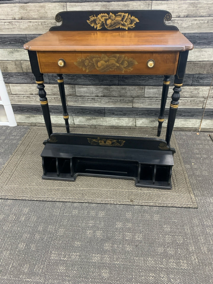 DESK WITH HUTCH 3 PC W/ DRAWER+DECORATIVE KNOBS WOOD TOP+BLACK LEGS.