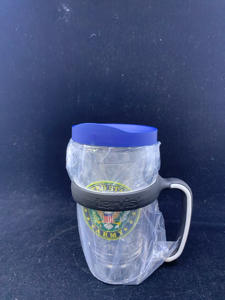 NEW US ARMY TUMBLER W BLUE TOP AND HOLDER.