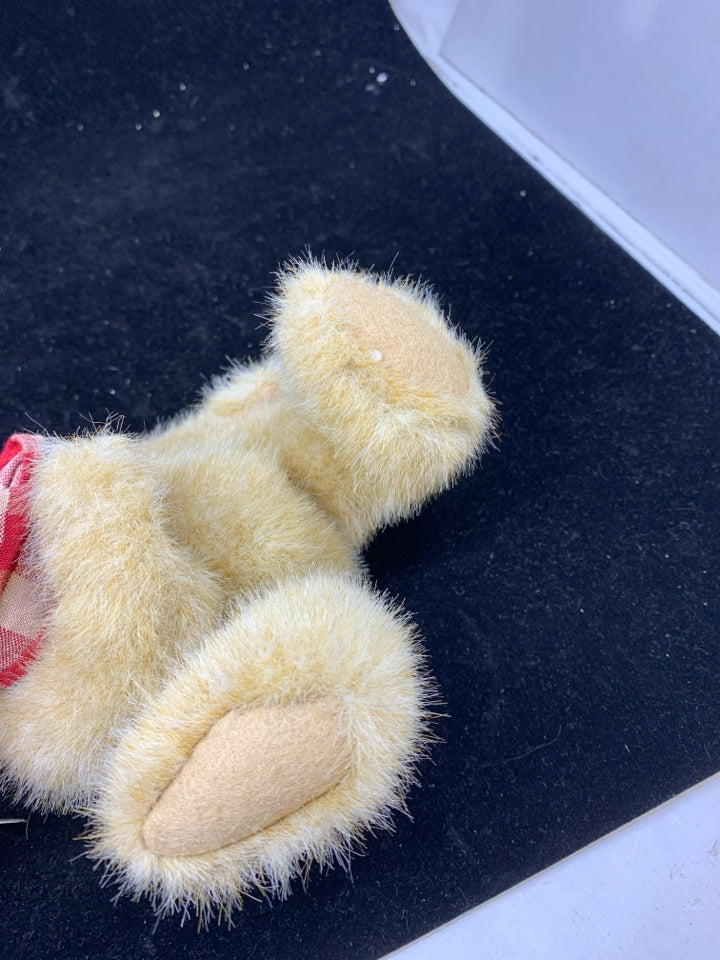 BOYDS BEAR TAN W RED PLAID SCARF.