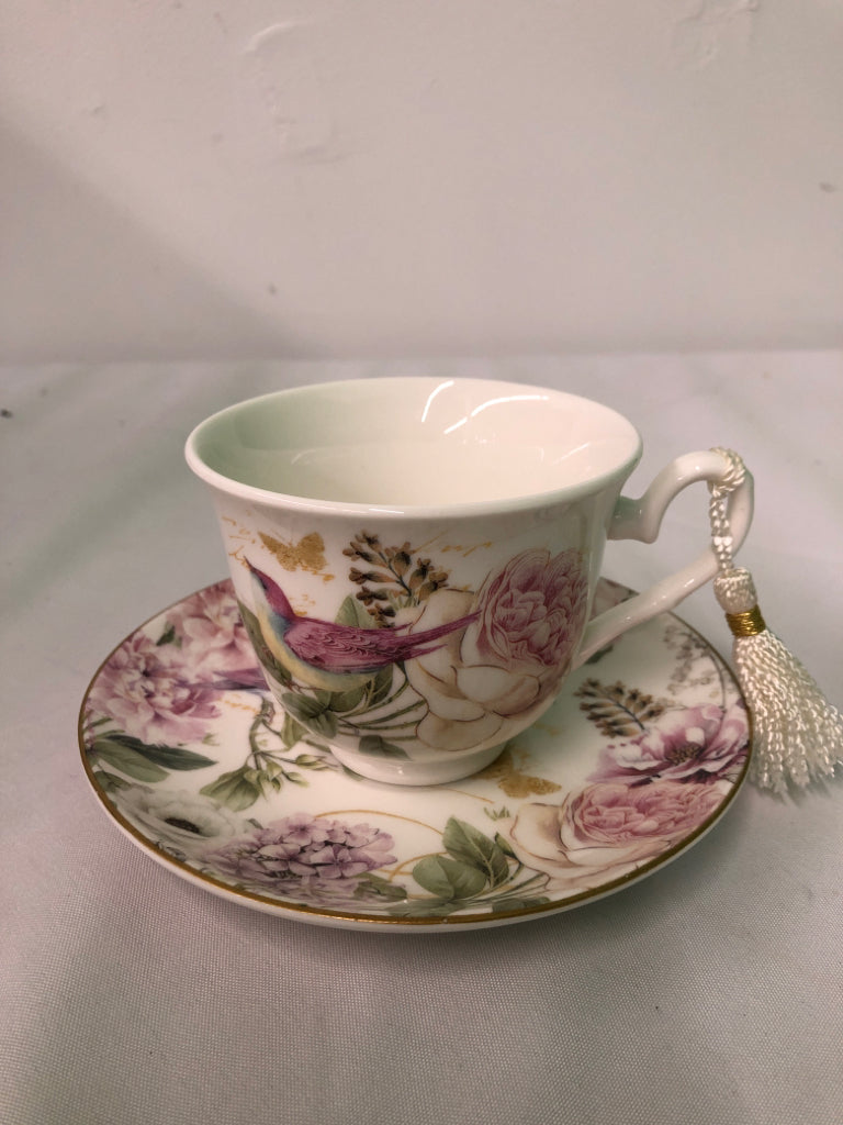 NIB CUP AND SAUCER ROSE W/ PINK BIRD IN GIFT BOX