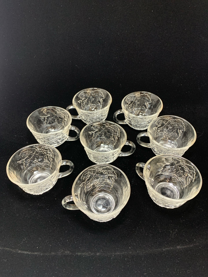 8 LEAF EMBOSSED CLEAR GLASS MUGS.