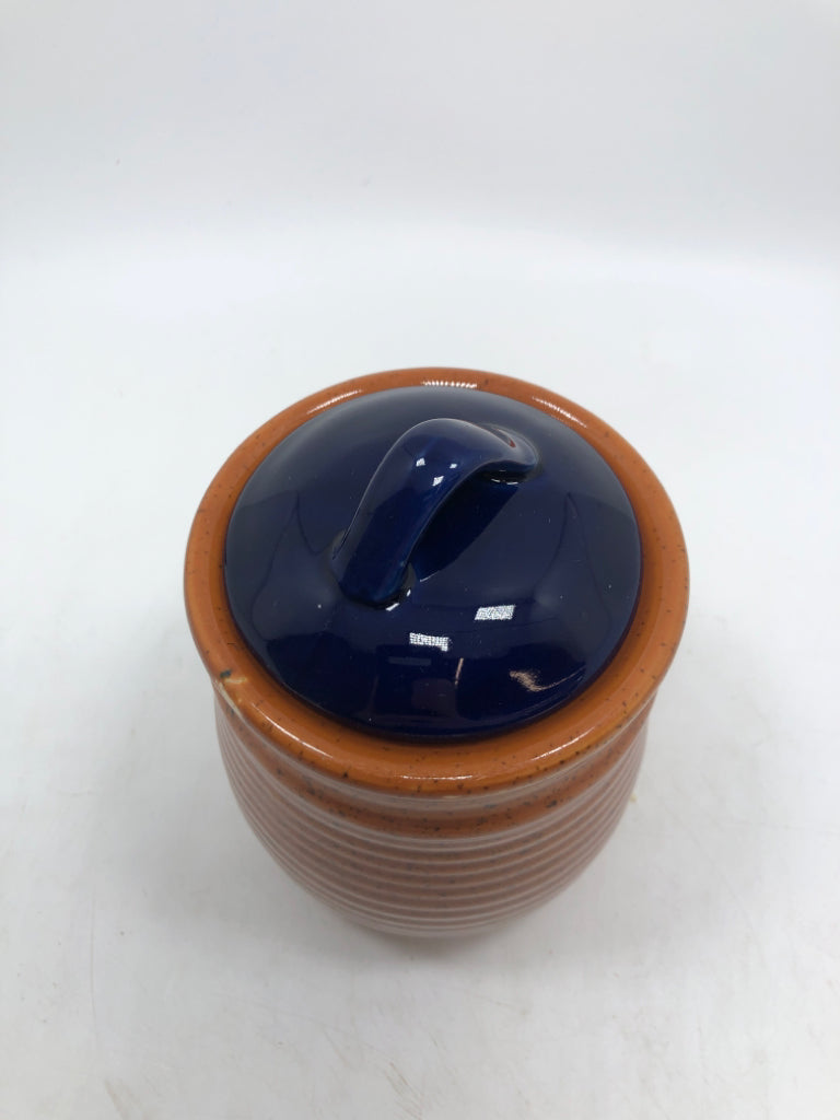 SPECKLED CERAMIC CANISTER W/BLUE LID.
