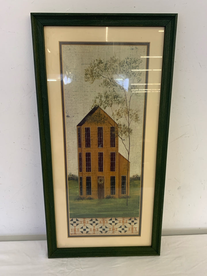 PRIMITIVE TAN HOUSE IN GREEN FRAME WALL ART.