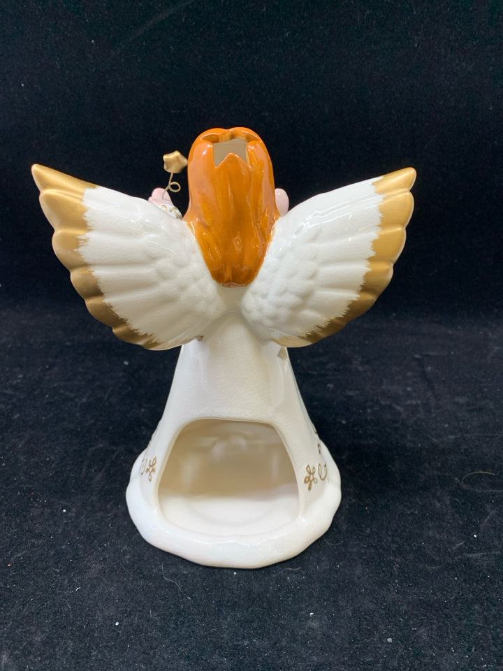 "BELIEVE" GOLD AND WHITE RED HAIRED ANGEL TEA LIGHT HOLDER.