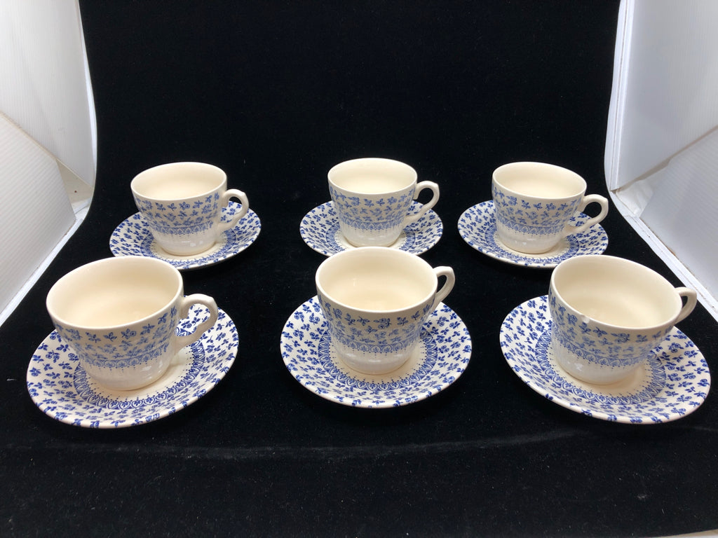 12PC PROVENCE BLUE IRONSTONE TEACUP/SAUCER SET.
