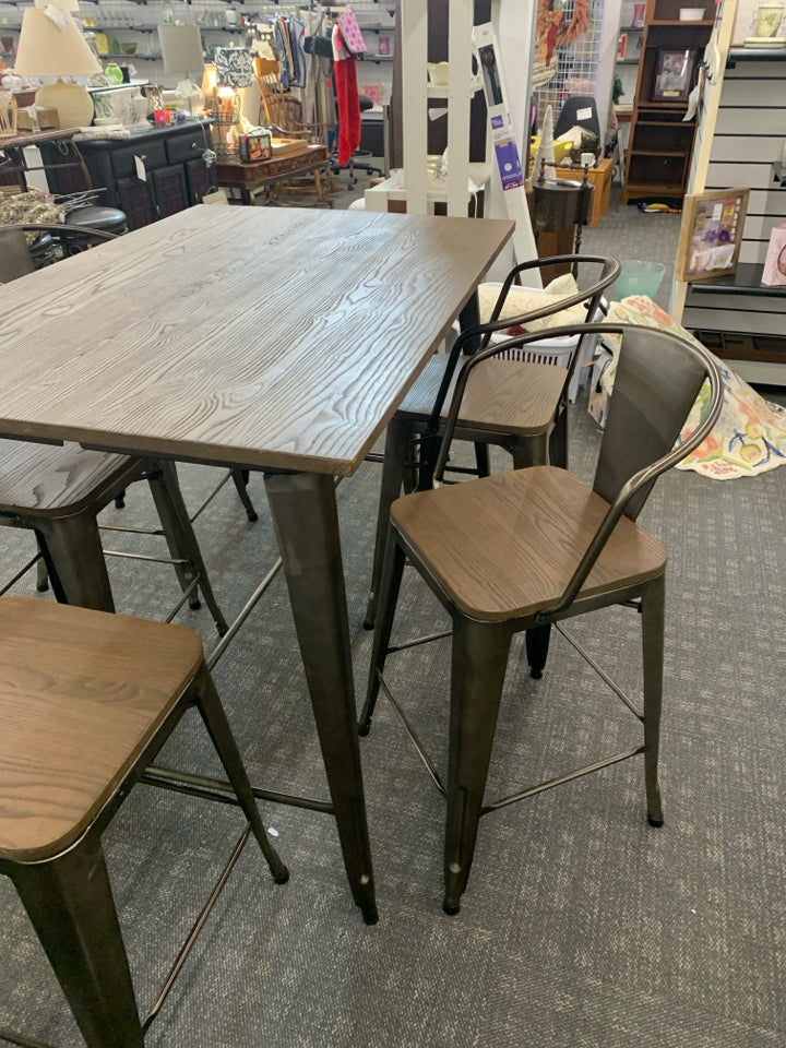 DARK BROWN WOOD TOP W/ METAL BASE 6 CHAIRS 4 BACKS 2 STOOLS.