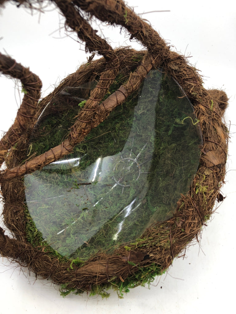 MOSS BIRD SHAPED HANGING PLANTER W/ PLASTIC INSERT.