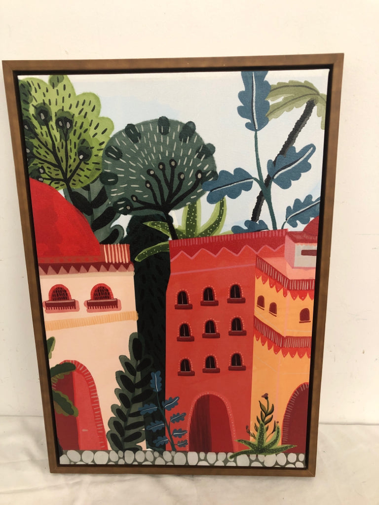 COLORFUL CITY SCENE IN FAUX WOOD FRAME WALL HANGING.