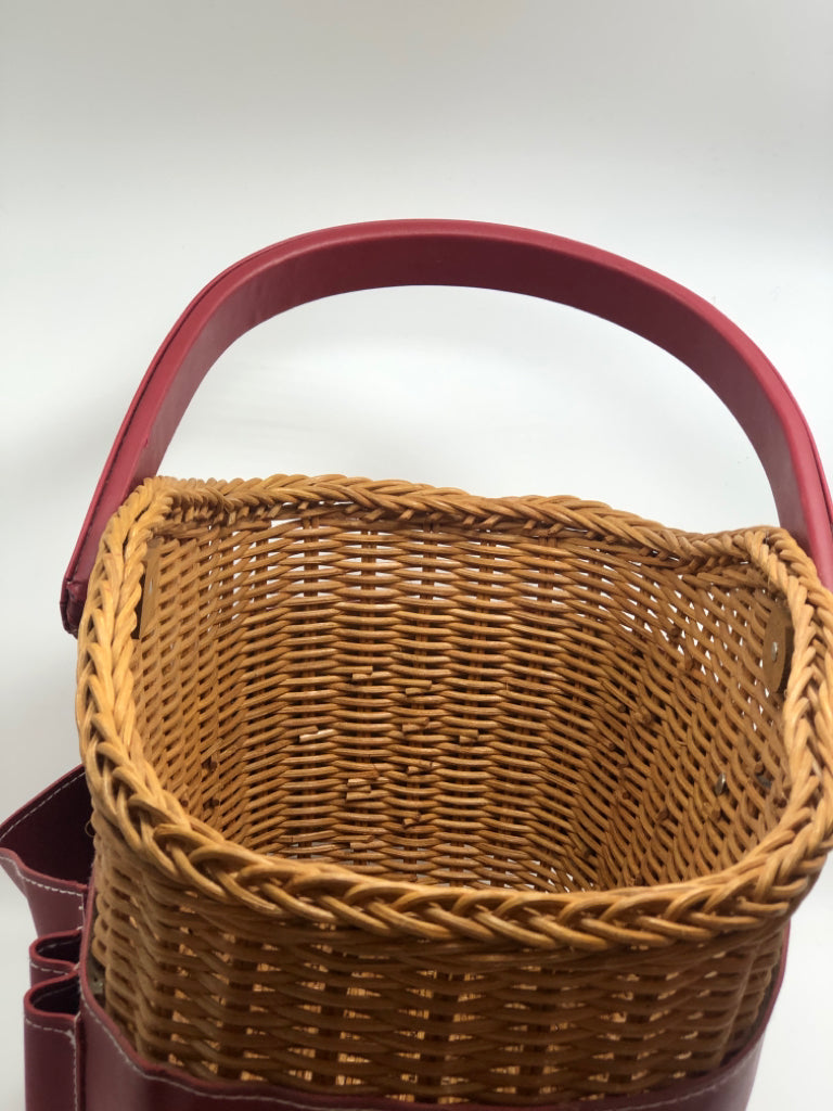 RED POCKET & WICKER CRAFT STORAGE BIN.