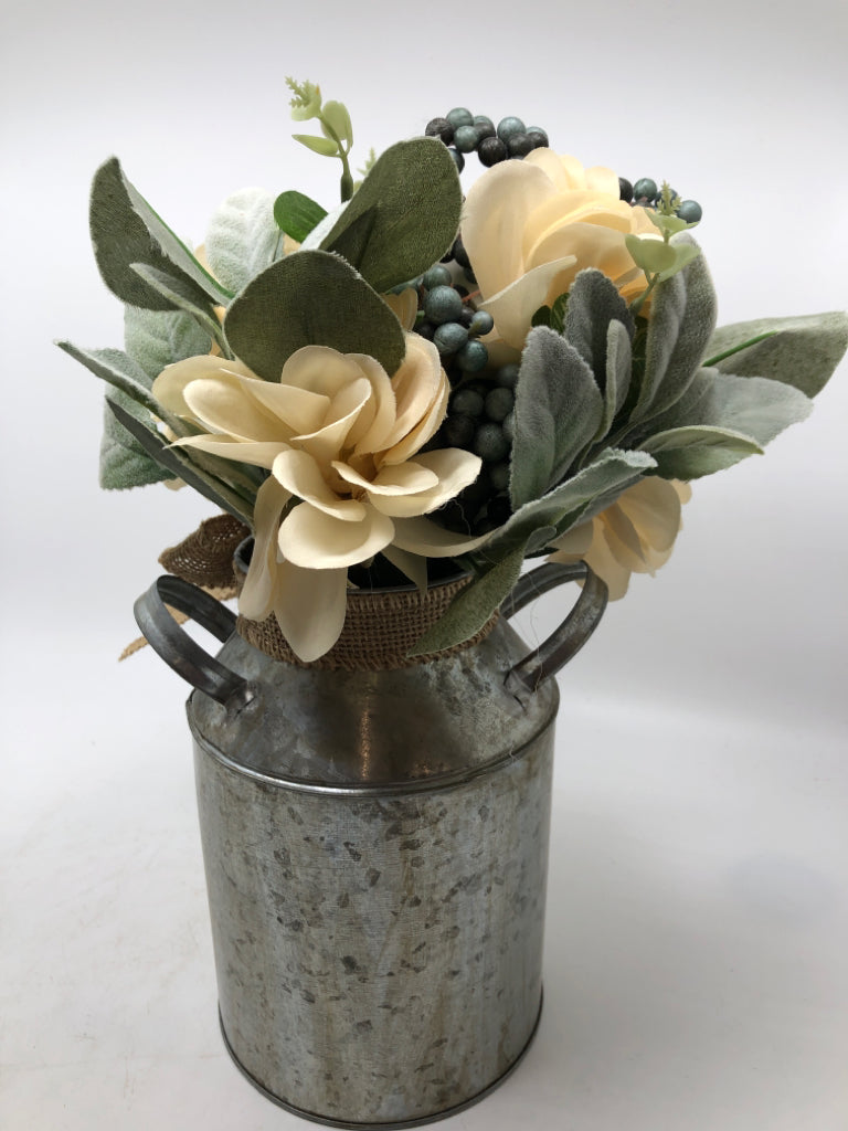 FAUX CREAM AND GREEN BOUQUET IN TIN BUCKET.