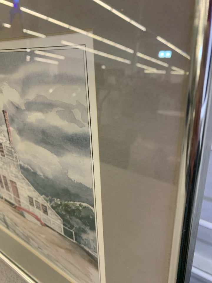 BOAT HOUSE PRINT W/SILVER FRAME.