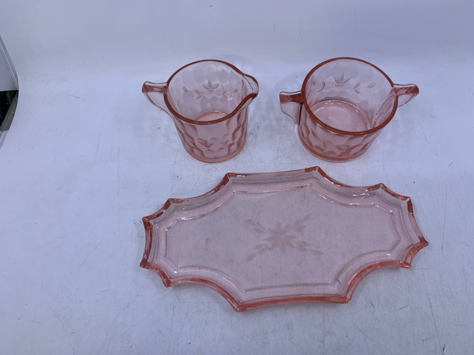 VTG 3 PC PINK GLASS W/ ETCHED FLOWERS.