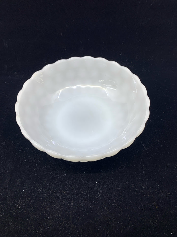 MILK GLASS BOWL W/ EMBOSSED CIRCLE PATTERN.