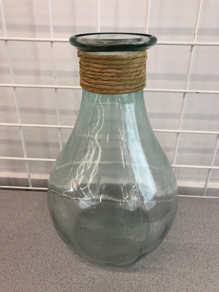 LG BLUE GLASS VASE W/WRAPPED TWINE.