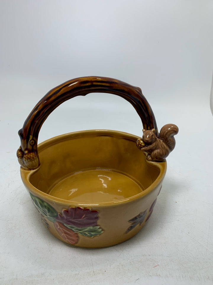CERAMIC BASKET BRANCH HANDLE SQUIRREL AND FALL LEAVES.