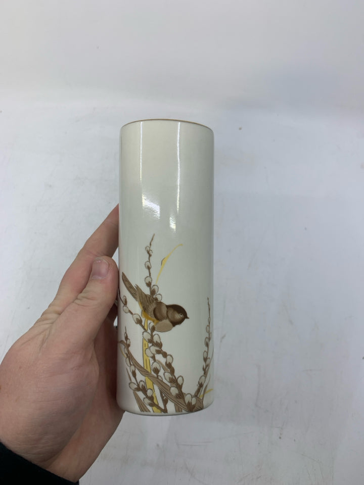 OVAL VASE W/ FINCH ON BRANCH GOLD RIM.