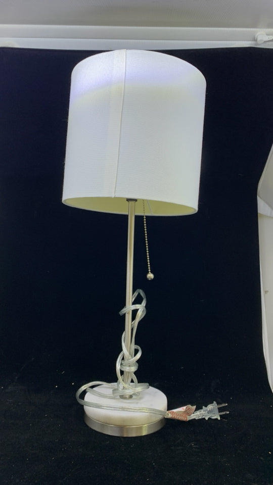 SILVER AND MARBLE BASE LAMP W/WHITE SHADE.