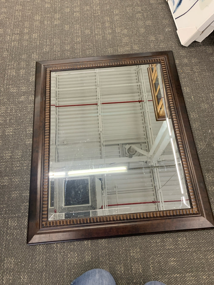 SQUARE DARK WOOD FRAMED MIRROR W RIBBED ACCENTS.