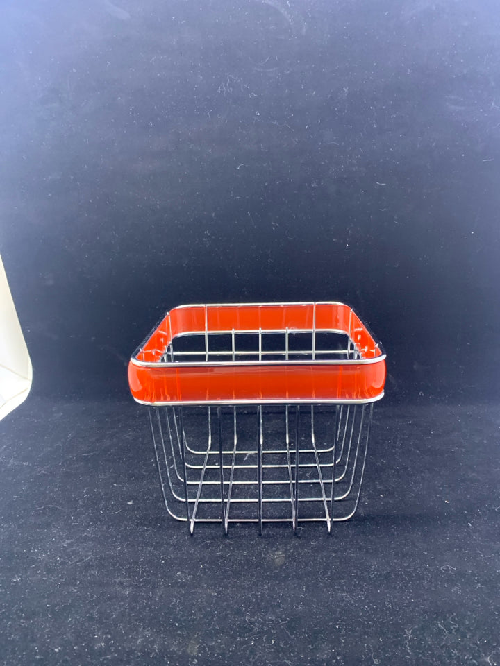 SILVER METAL SQUARE BASKET W/ORANGE STRIPE & HANDLE 6.