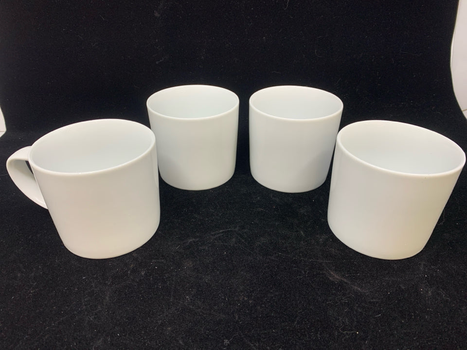4 WHITE CRATE AND BARREL COFFEE CUPS.