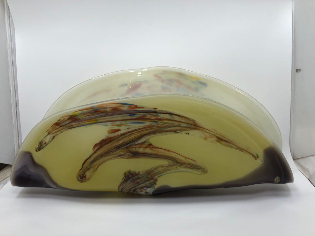 PURPLE/YELLOW SWIRL BLOWN GLASS CENTERPIECE.