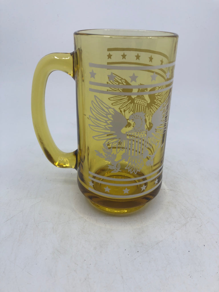 6 AMBER GLASS BEER MUG W/ WHITE PRINTED EAGLE.