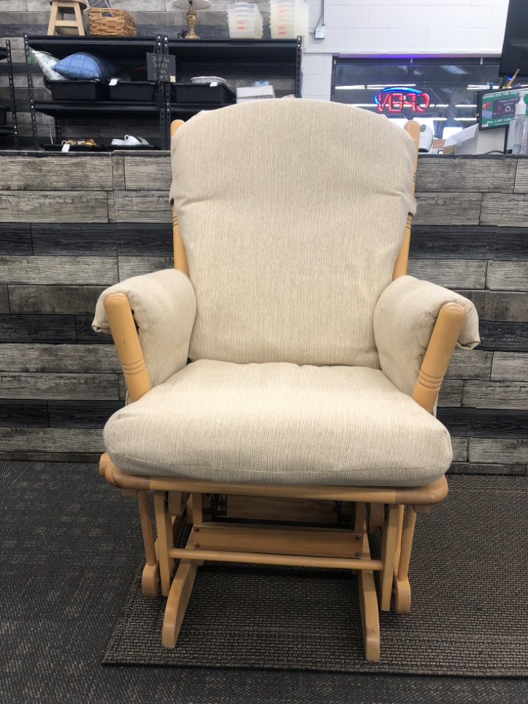 BLONDE WOOD SHERMAG CREAM CUSHION GLIDING ROCKER.